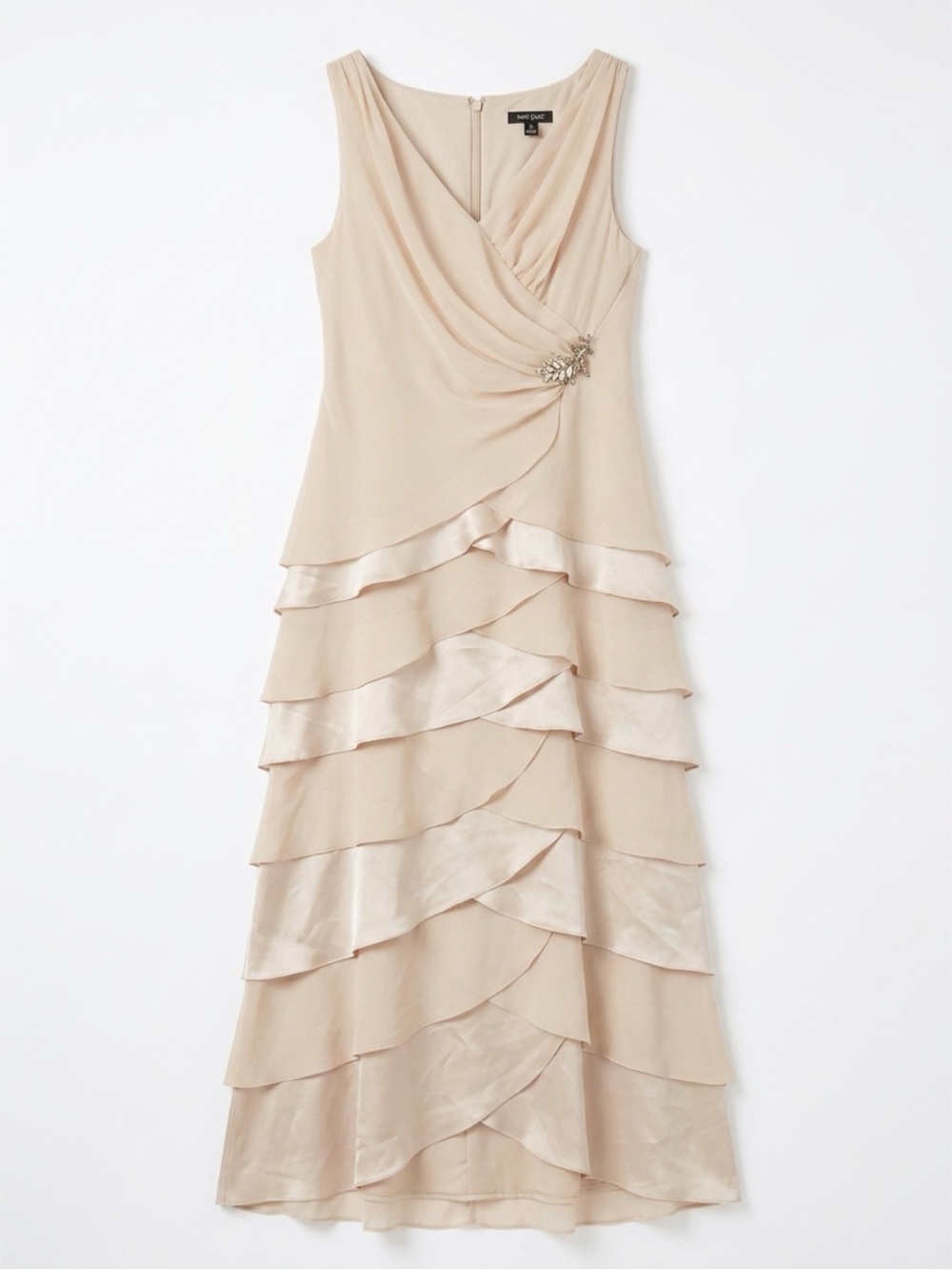 JS Boutique Sleeveless Beige Tiered V-Neck Midi Dress with Brooch